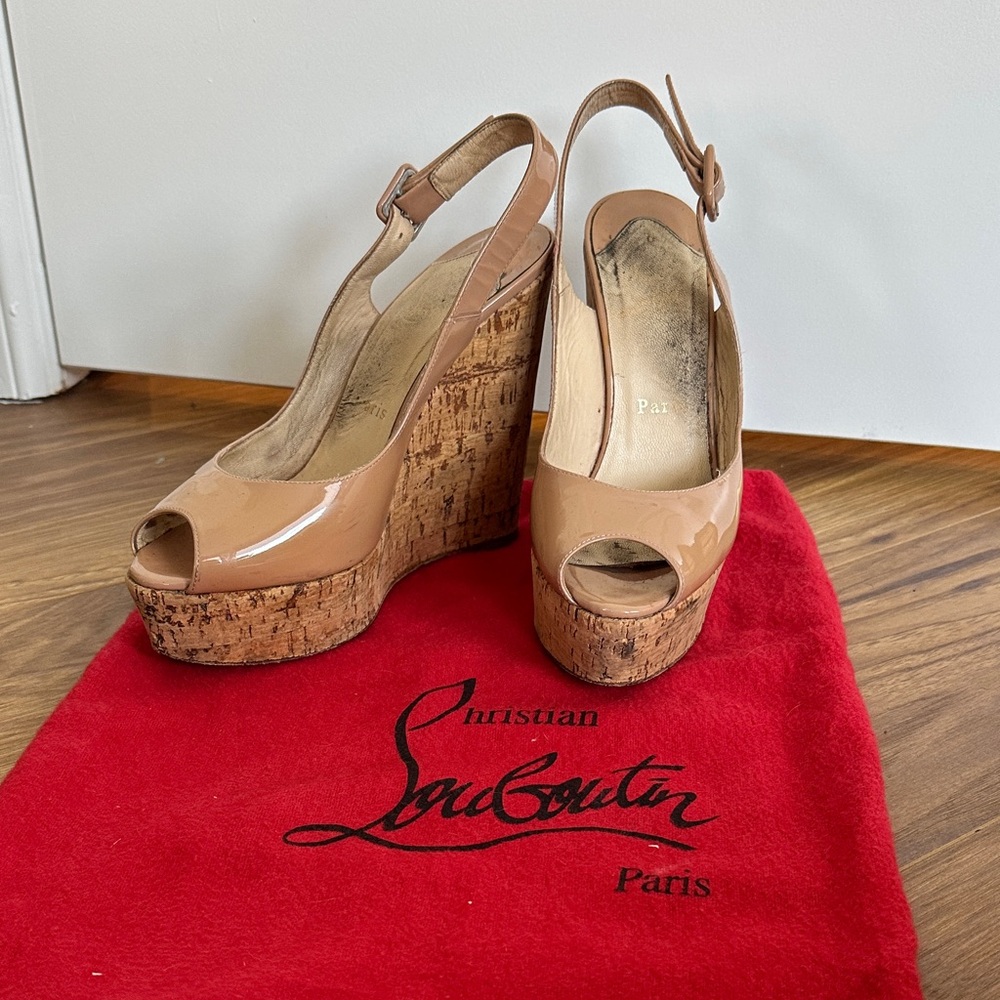 Christian Louboutin Nude Patent Cork Wedge Slingbacks